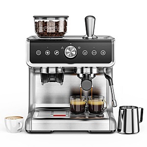 2-Cup Espresso Coffee Maker with Burr Grinder, 15-Bar Pump, PID Control, Touch Display and Milk Frother, Silver $219