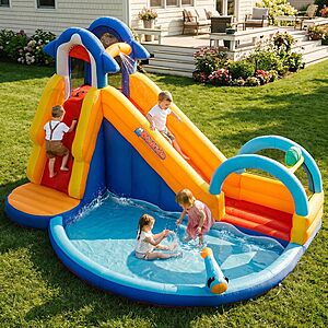 OLAKIDS Inflatable Water Slides, Shark Themed Bounce House with Slide Splash Pool Climbing Wall Water Gun $203.99