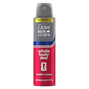 [SnS] $2.43 | Dove Men Whole Body Aluminum-Free Deodorant Spray, Vanilla + Cocoa, 4 oz at Amazon