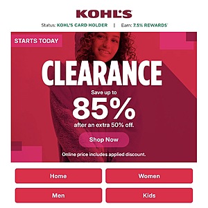 Kohl’s Clearance Save Up to 85% after an extra 50% Off