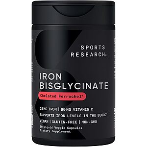 Select Accounts: 90-Count Sports Research 25mg Iron Bisglycinate Liquid Veggie Capsules (Chelated Ferrochel) $13.47 w/ S&S + Free Shipping w/ Prime or on $35+