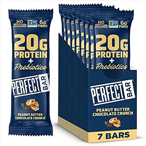 [S&S] Perfect Bar Protein + Prebiotics Chocolate Peanut Butter Protein Bar, 20g Protein, Grass-Fed Whey, 6g Fiber With 3g Prebiotics, 2.4 Ounce Bar, 7 Count $13.28