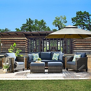 OVIOS New Vultros Gray 5-Piece Wicker Outdoor Patio Seating Set with Blue Cushions $620 at Home Depot