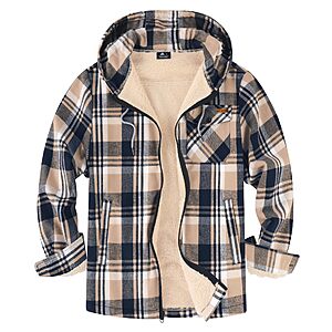 SWISSWELL Mens Sherpa Lined Fleece Shirts Jacket Plaid Flannel Zip Up Hoodies Beige Navy $24.99 + Free Shipping