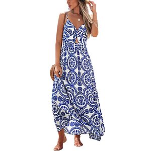 CUPSHE Summer Dresses for Women Casual V Neck Sleeveless Paisley Cutout Maxi Formal Beach Vacation Dress Blue Paisley, XS $40.79