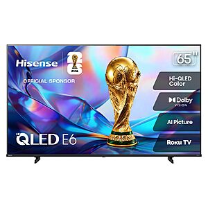 Hisense 65" Class E6SR Series Hi-QLED 4K UHD Smart Roku TV (65E6SR, 2026 Model) - Dolby Vision, Game Mode Plus, VRR, ALLM $429.99