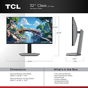 TCL 32G64 32 Inch 1440P (QHD) QD Mini LED Gaming Monitor, 180Hz, 1ms, HDR600 Brightness $349.99