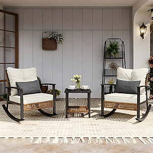 LAZZO 3 Pieces Patio Outdoor Conversation Set with Lumbar Pillows and Coffee Table, PE Wicker Rocking Chairs with Beige Cushions $179.99