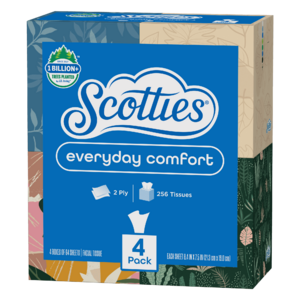$4.57 get $1.50 Walmart Cash Limit 5 Scotties Everyday Comfort Facial Tissues, 4 Cube Boxes, 64 Facial Tissues per Box, 2-Ply (256 Total Sheets)