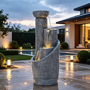 Autodaya 31" Modern Outdoor Water Fountain with Lights, Fluted Concrete $129.96