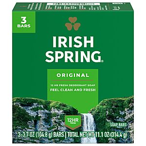 $15.39 S&S AMZ: 24ct (8 x 3) Irish Spring 3.7 oz Bar Soap for Men, Original Clean, Smell Fresh and Clean for 12 Hours, Men Soap Bars