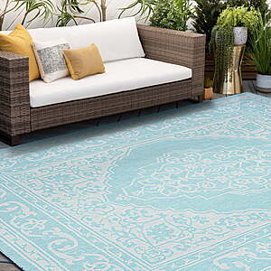 Water Resistant, Indoor Outdoor Rugs| Aqua, Floral | Size: 5'3'' x 7'3'' - $16.97 + AND MORE