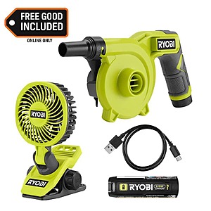 Ryobi USB Lithium Cordless High Volume Inflator Kit with USB Lithium 2.0 Ah Battery with USB Lithium Cordless Clamp Fan $44.97