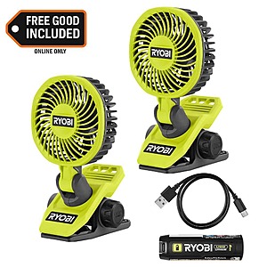 Ryobi USB Lithium Clamp Fan Kit with 2.0 Ah USB Lithium Battery and Charging Cable with Extra USB Lithium Cordless Clamp Fan $39.97