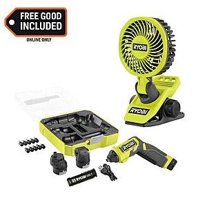 Ryobi USB Lithium Multi-Head Screwdriver Kit, 10-Pc Bit Set, 3-Interchangeable Heads with USB Lithium Cordless Clamp Fan $49.97