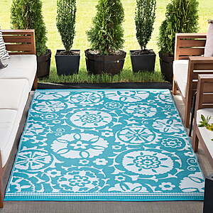 8x10 Reversible Aqua and White Polypropylene Outdoor Floral Area Rug - $19.86