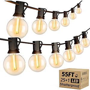OHLUX Outdoor String Lights, 55FT Shatterproof LED Patio Lights with 26 Dimmable Plastic G40 Bulbs, 2200K Waterproof Connectable Hanging String  with E12 Base $14.99
