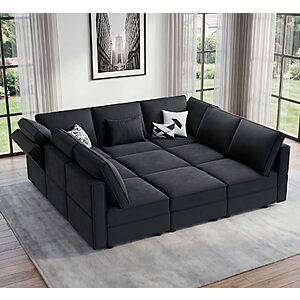 Vesgantti 92" 9 Seats Modular Sectional Sleeper Sofa with Storage, Black $499.99