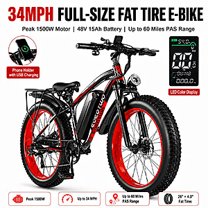 EOEOTWO E01 Peak 1500W Fat Tire Electric Bike (48V 15Ah 34MPH ~60Miles Range) $331 + Free S/H