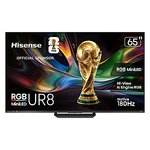Hisense 65" Class UR8 RGB MiniLED UHD 4K 180Hz HDR Smart Google TV with Gemini and Anti Reflection Screen (2026) $1199.99