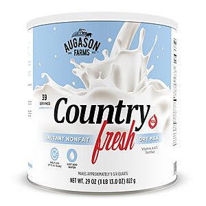 $11.29: Augason Farms Country Fresh Instant Nonfat Dry Milk Powder 39 Servings, 20 Year Shelf Life, Gluten Free at Amazon