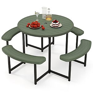 Giantex Picnic Table Bench Set for 4-8 Person, Round 37” Outdoor Dining Table w/Umbrella Hole, HDPE Tabletop, Metal Frame, Patio Furniture Set $115.59
