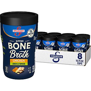 $11.75 S&S Clip Q Swanson Sipping Chicken Bone Broth With Ginger and Turmeric, 10.75 oz Microwavable Cup (8 Pack)
