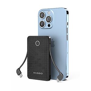 Miisso 6000mAh Credit Card-Sized Ultra Slim Power Bank w/ Built-In Cables (Deep Black) $13.99 + Free Shipping w/ Prime or on $35+