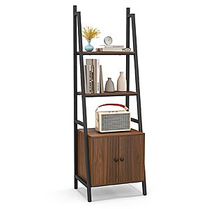 $39.59: Tangkula 4-Tier Ladder Shelf with Cabinet, 63" Tall, Metal Frame, Rustic Brown at Amazon