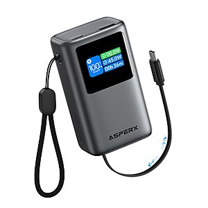 AsperX Portable Charger Power Bank, 45W 10,000mAh, Retractable USB-C Cable $19.99