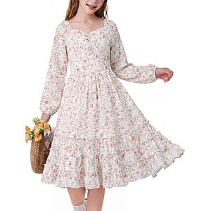 Amazon – Girls' Long-Sleeve Floral Ruffle Dress, Sizes 7–14 - $12.49–$13.49 w/ Code