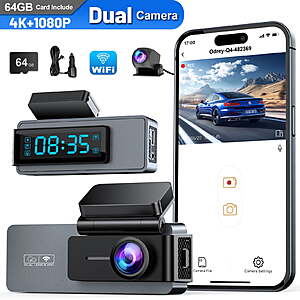 ODREY Dash Cam Front and Rear 4K+1080P WDR Dash Camera, 4K Single Front Built-in WiFi Car Camera with G-Sensor, Super Night Vision, 64GB Card, Loop Recording, Parking Mode $40.99