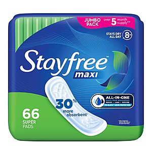 66-Count Stayfree Maxi Super Wingless Menstrual Pads $5.54 w/ S&S + Free Shipping w/ Prime or on $35+