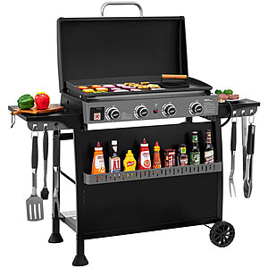 $215 WAYFAIR Royal Gourmet 30-Inch 4-Burner Gas Griddle with Hood, Tabletop Gas Griddle with Removable Standing Cart, Black