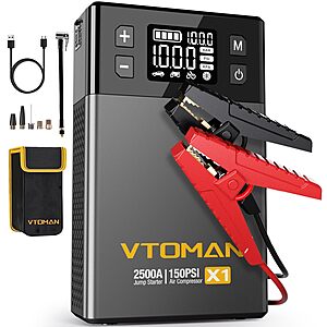 VTOMAN X1 2500A Jump Starter,150PSI Air Compressor for 8.5L Gas/6L Diesel $49.99