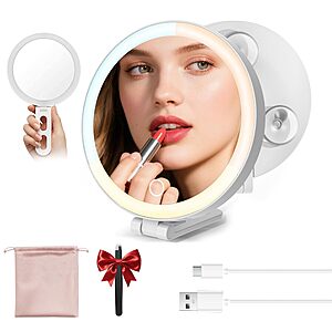 sicotool Travel Makeup Mirror w/ 10X Magnification, 3-Color Adjustable LED & Suction Cup $11.65 + Free Shipping w/ Prime or on $35+