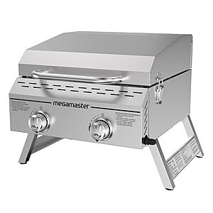 Megamaster Tabletop 2 Burner Gas Grill, Stainless Steel with Foldable Legs Offers 16000 BTU, Built-In Thermometer, 199 Sq In Cooking Space~$99.73 @ Amazon