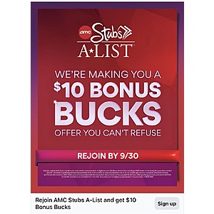 $10 AMC Bonus Bucks for Renewing/Rejoining A-List