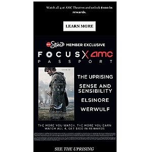 AMC & Focus Features Passport Program: Earn up to $100 gift shop rewards.