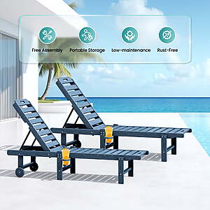 $190 FS WALMART by SERWALL SERWALL Outdoor Chaise Lounge Set of 2, Adjustable Patio Chaise Lounge, HDPE with Rolling Wheels & Cup Holder  , Blue or Black