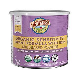 [S&S, AC] $22.04: Earth's Best Organic Sensitivity Infant Formula, 0-12 Months, Reduced Lactose, 21 Ounce Container