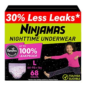 [S&S, AC] $31.33: Ninjamas Girls Bedwetting Nighttime Underwear, Pampers Pull Ups Size L (64-95+ lbs), 68 Count