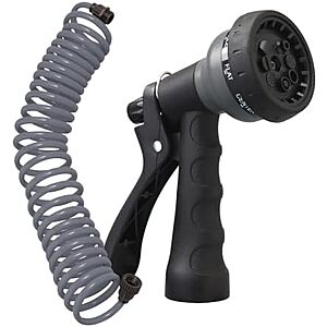 $7.19* | Orbit Coil Garden Hose, 25 ft, with 8-Pattern Nozzle, Gray - 26382 at Amazon
