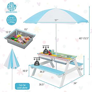 KOTEK Kids Picnic Table, 3 in 1 Sand and Water Table w/Detachable Tabletop, 2 Removable Play Boxes $84.99