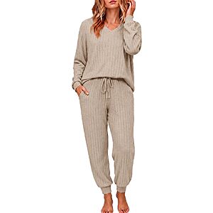 Ekouaer Womens Ribbed Knit Lounge Set Long Sleeve Pajama Sets $11.99