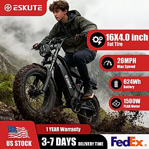 Eskute V100 Electric Bike 1500W Peak 28MPH 48V 13Ah 16"x4"  Fat Tire 7-Speed Dual Suspension black $408 + Free Shipping $407.7