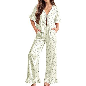Ekouaer Womens Silk Pajama Sets 2 Piece Ruffle Satin Pj Set Cute Lounge Set