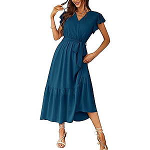 PRETTYGARDEN Women's Floral Boho Dress Wear To Work Wrap V Neck Short Sleeve Belted Ruffle Hem A-Line Flowy Maxi Dresses $18.79