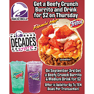 Taco Bell: Beefy Crunch Burrito & Drink $2 [Thursday September 3rd Only]