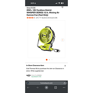 Selected Home Depot : ONE+ 18V Cordless Hybrid WHISPER SERIES 12 in. Misting Air Cannon Fan (Tool Only) $42.06
